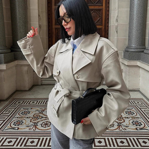 Damen Kurzjacke im Trench-Stil mit taillierendem Bindegürtel und weitem Ärmel Drune