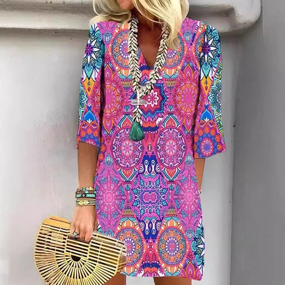 Damen nan kurzes Boho‑Tunika‑Minikleid mit V‑Ausschnitt, Mandala‑Alloverprint und Dreiviertelärmeln Drune