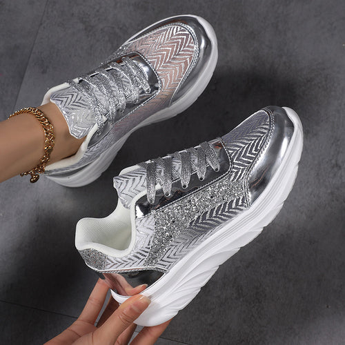 Damen nan glamouröser auffälliger Sneaker mit Glitzerpaneelen jacquardgewebtem Obermaterial und ergonomischer Wellenlaufsohle Drune