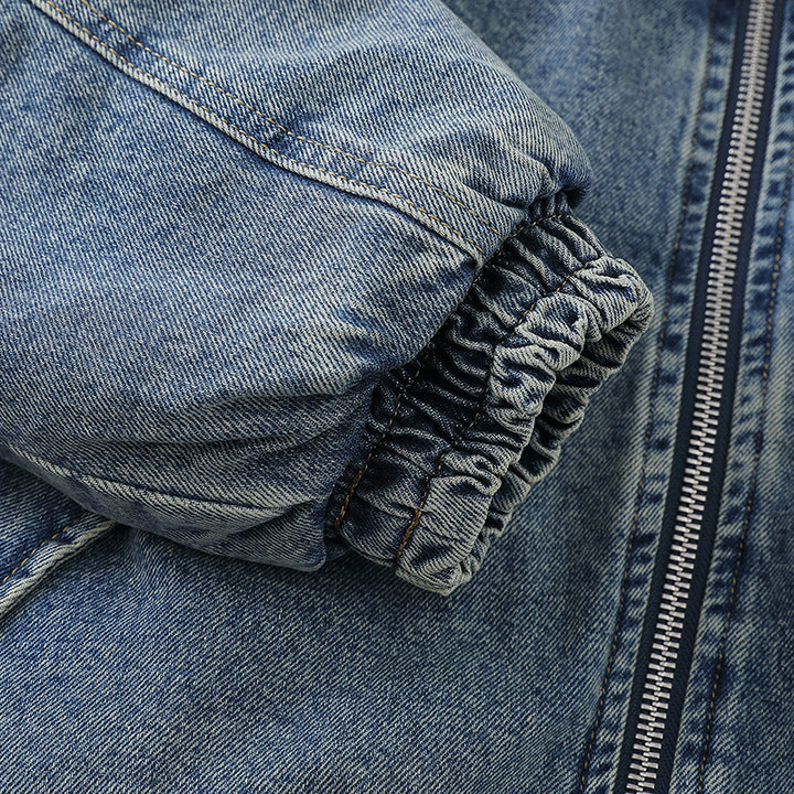 Unisex Boxy Denim‑Blousonjacke mit durchgehendem Reißverschluss, elastischem Saum und Ärmelutilitytasche Drune