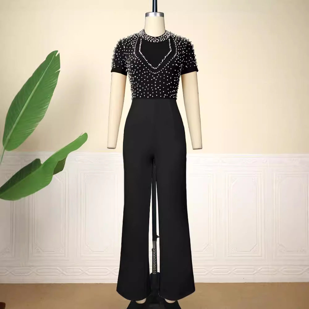 Damen eleganter Jumpsuit mit schimmerndem Perlen-Besatz Drune