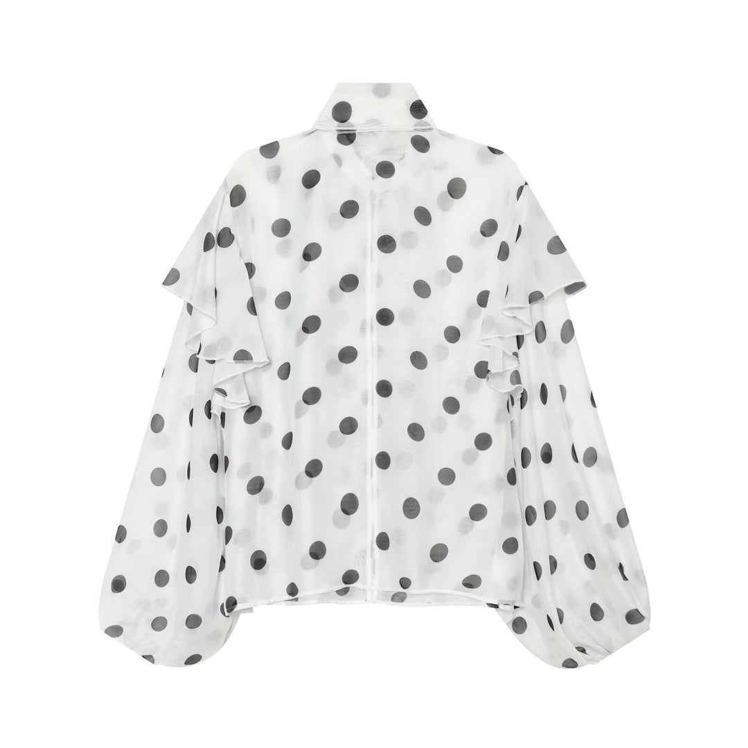 Damen Leichte Chiffonbluse mit Volants, Schleifenkragen und Pünktchenprint Drune