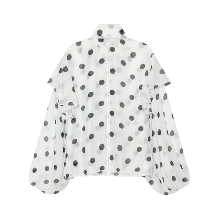 Damen Leichte Chiffonbluse mit Volants, Schleifenkragen und Pünktchenprint Drune