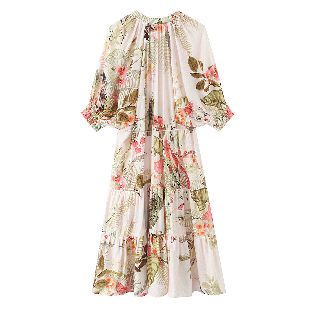 Damen Langes Boho-Maxikleid mit Knopfleiste, Bindegürtel und Stufenrock Drune