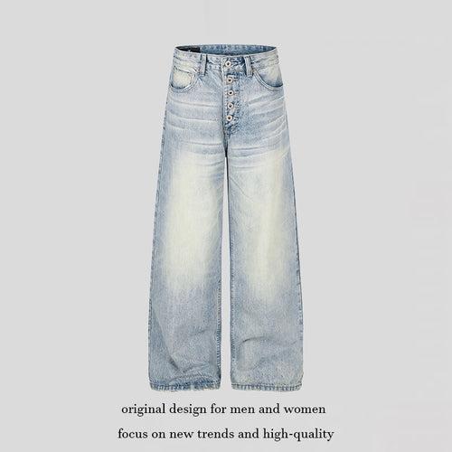 Damen High‑Waist weite Denim‑Palazzo‑Jeans mit Knopfleiste und Used‑Waschung Drune