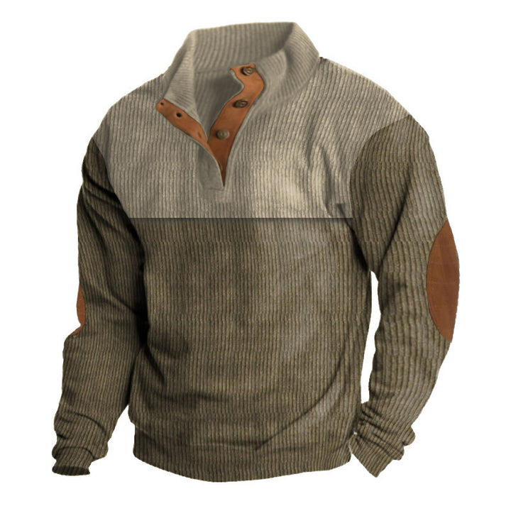 Herren nan rustikaler gerippter Pullover mit Henley-Kragen und lederartigen Ellbogenbesätzen Drune