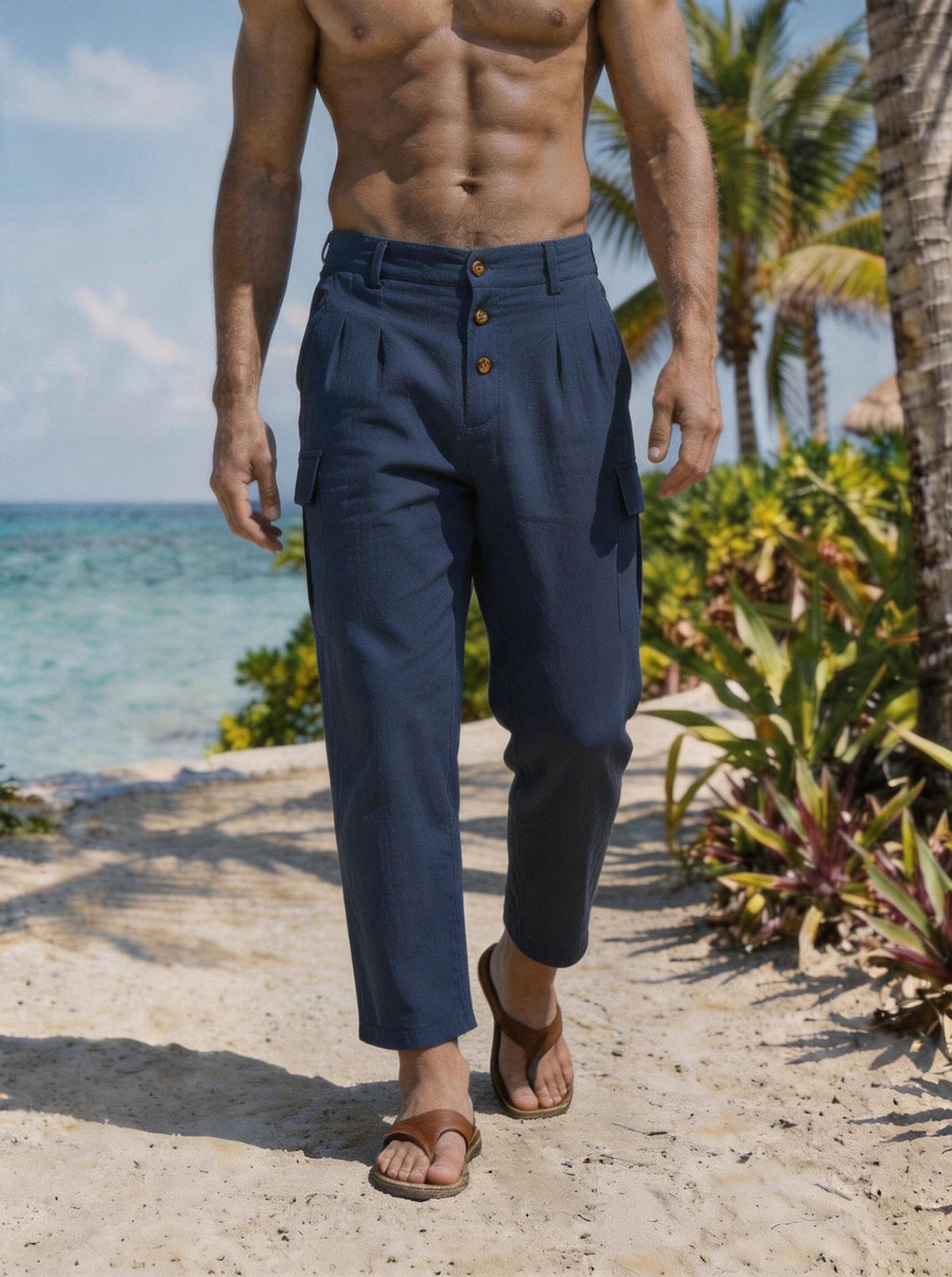 Herren Bundfalten-Cargohose mit Knopfverschluss, aufgesetzten Cargotaschen und gekürztem Bein Drune