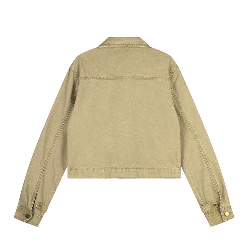 Damen Kurz geschnittene Canvas-Jacke mit Hemdkragen und Pyramidennieten Drune