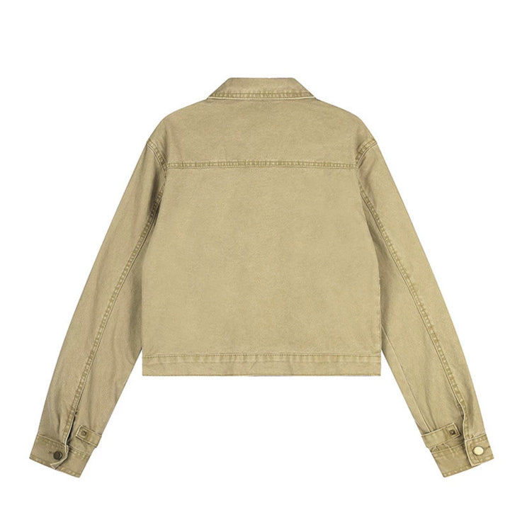 Damen Kurz geschnittene Canvas-Jacke mit Hemdkragen und Pyramidennieten Drune