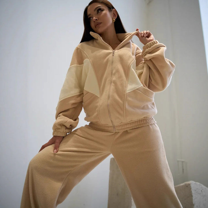 Damen Oversized Fleece-Lounge-Set mit Stehkragen, Reißverschlussjacke und weiter Palazzohose Drune