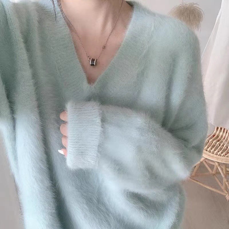Damen Flauschiger V-Ausschnitt Pullover aus Mohair Drune