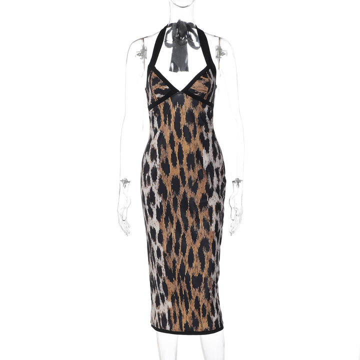 Damen Rockabilly Kleid mit Halterneck-Design und trendigem Animalprint Drune