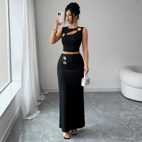 Damen nan zweiteiliges tailliertes Set mit asymmetrischem Cut-Out Crop-Top und figurbetontem Maxi-Bleistiftrock Drune