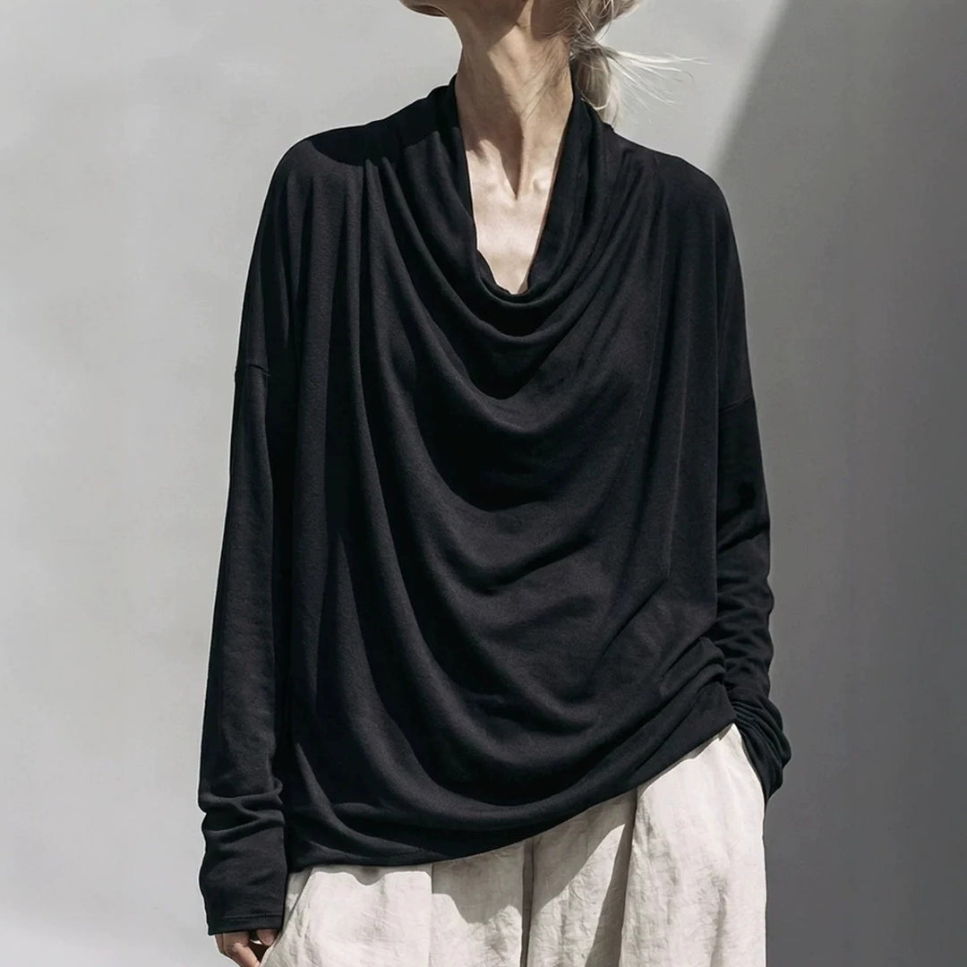 Damen Drapiertes Oversize-Langarmshirt mit Wasserfallkragen Drune