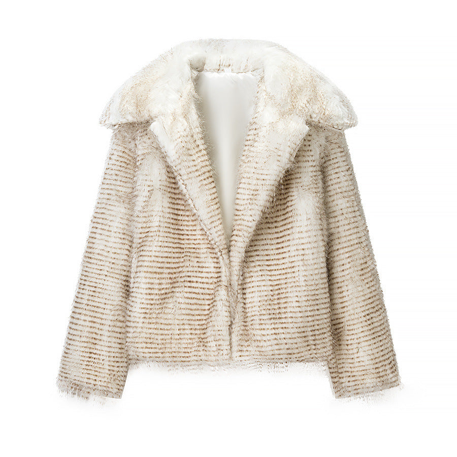 Damen nan kurze Kunstfelljacke mit gestreifter Struktur, oversized Schalkragen und softer Innenseite Drune