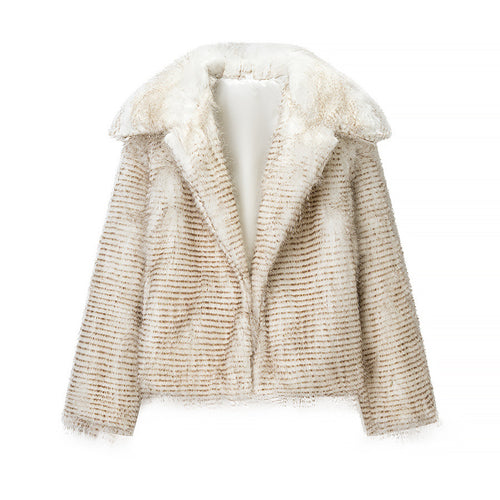 Damen nan kurze Kunstfelljacke mit gestreifter Struktur, oversized Schalkragen und softer Innenseite Drune