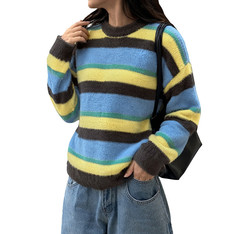 Damen Lässig gestrickter Pullover mit buntem Streifenmuster Drune