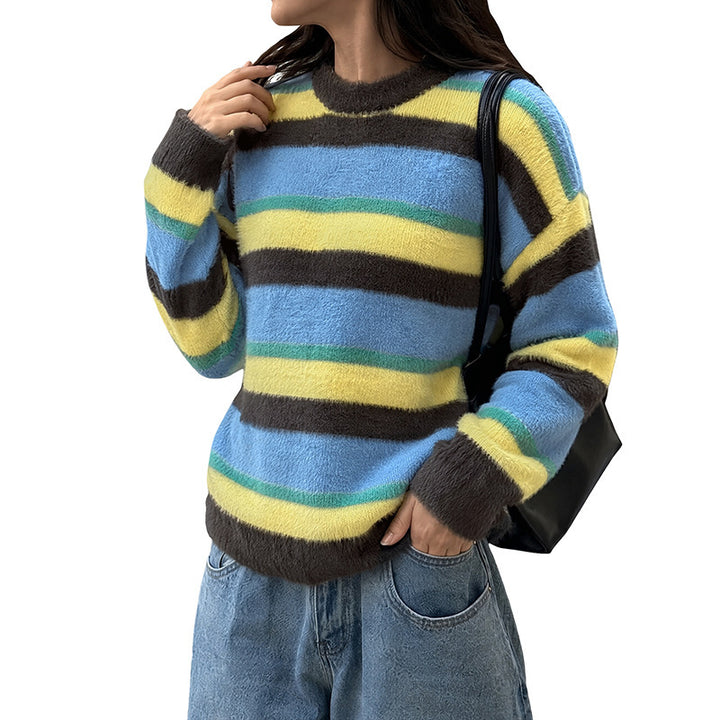 Damen Lässig gestrickter Pullover mit buntem Streifenmuster Drune
