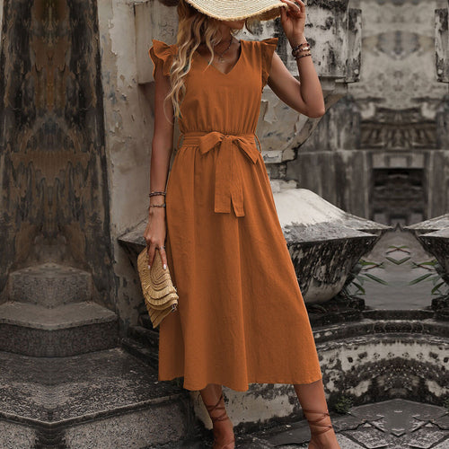 Damen Midi-Kleid mit Rüschendetails und tailliertem Bindegürtel Drune