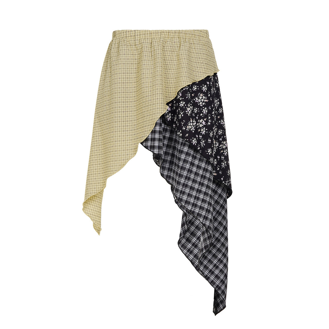 Damen asymmetrischer Rock mit floralen und karierten Mustern Drune