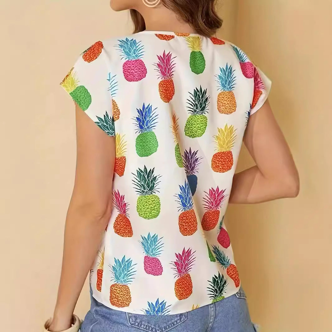 Damen Kurzarm T-Shirt mit lebhaftem Ananasdruck Drune