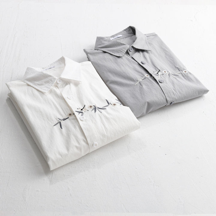 Damen Lockeres besticktes Baumwoll-Overshirt mit Kentkragen und Layering‑Detail Drune