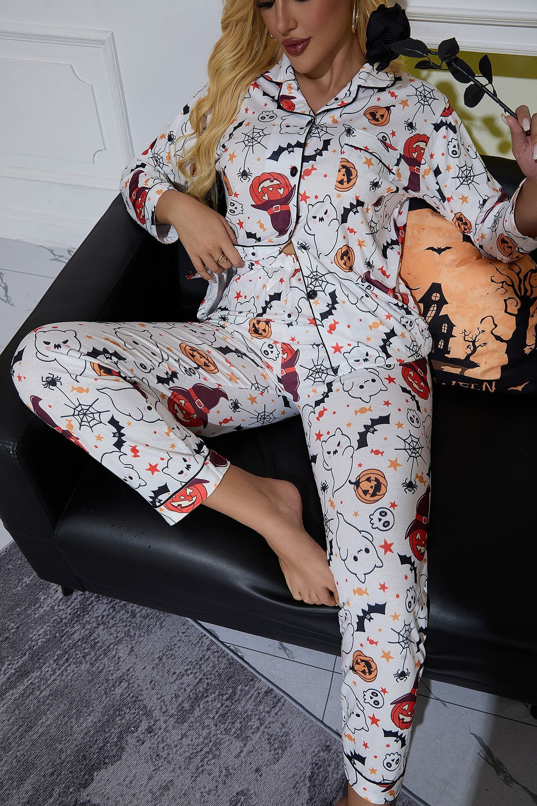 Damen Halloween-inspiriertes Schlafanzug-Set mit verspieltem Motiv Drune