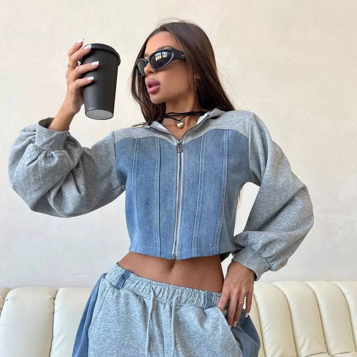 Damen cropped Sweatjacke mit ballonförmigen Ärmeln und Jogginghose Set Drune