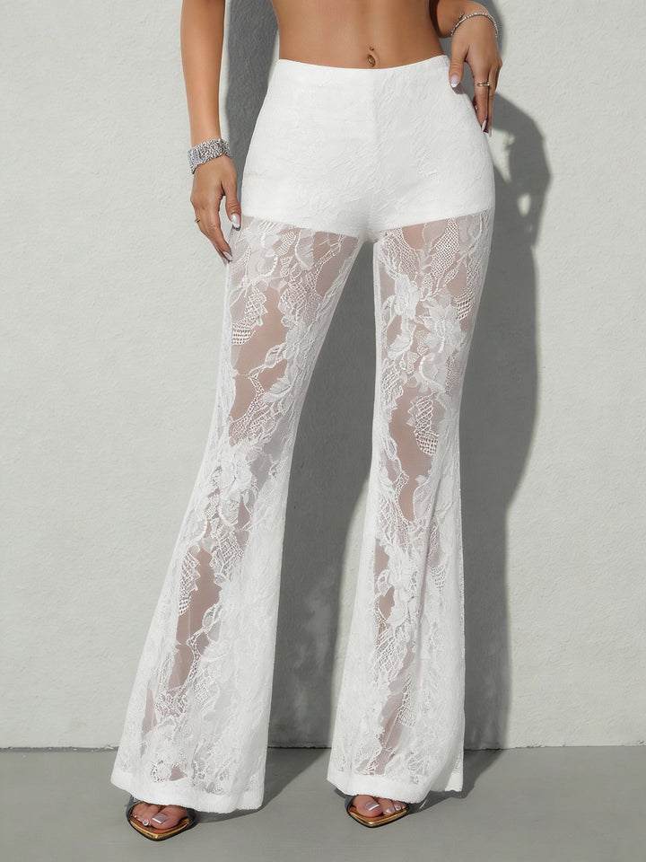 Damen nan hochgeschnittene Spitzen-Schlaghose mit blickdichter Innenshort und floralen Transparenzeinsätzen Drune