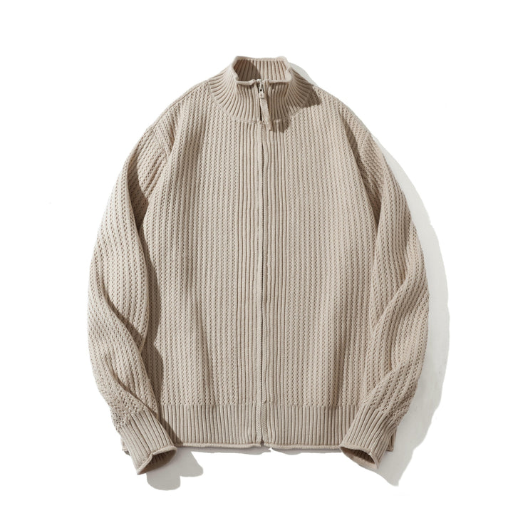 Unisex Strukturierter Zip-Pullover mit hohem Rippkragen und Perlmuster Drune