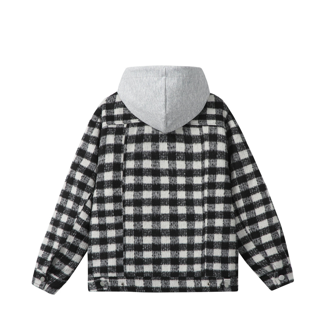 Damen Kurzblouson im Shacket‑Stil mit Karo‑Wolloptik und integrierter Sweatkapuze Drune