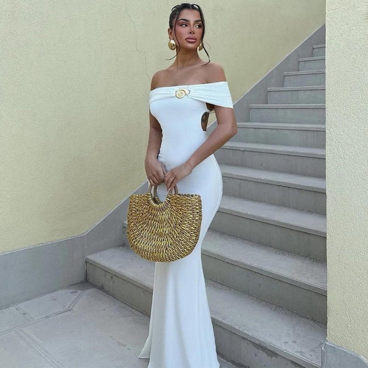Damen Elegantes Maxikleid mit schulterfreiem Design und funkelndem Verschluss Drune