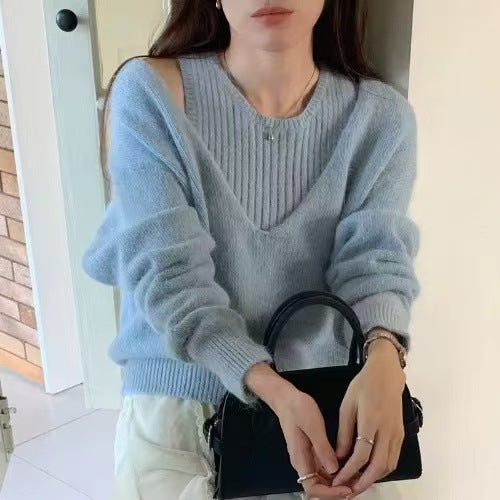 Damen lässiger V-Ausschnitt Pullover mit strukturiertem Design Drune