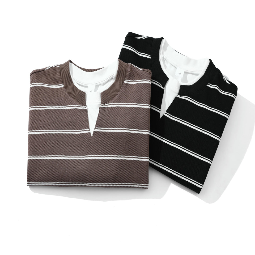 Unisex Gestreiftes Langarm-Sweatshirt mit V-Notch und Waffelstruktur Drune