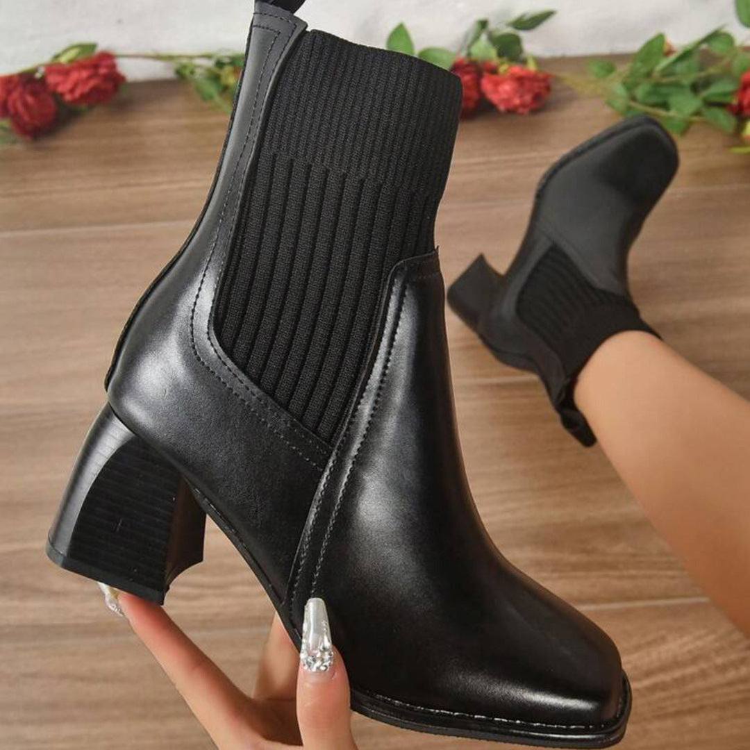 Damen Elegante Blockabsatz Stiefeletten mit Strickschaft Drune