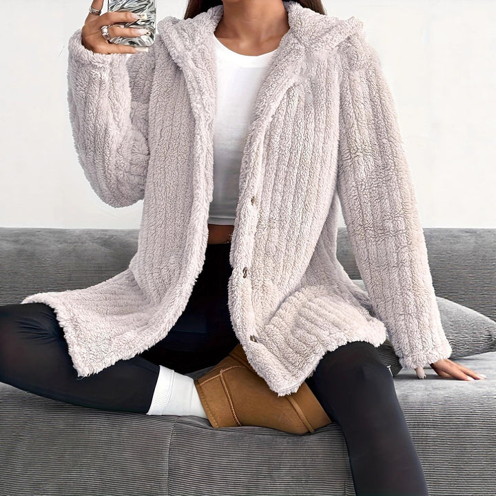 Damen Kuschelige Kapuzenjacke mit Knopfdetails Drune