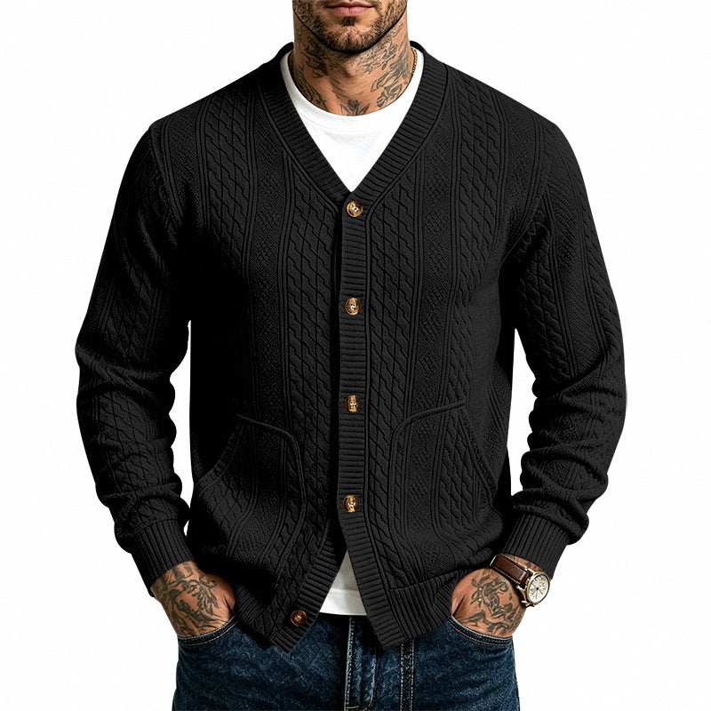 Herren Strukturierter Strickcardigan mit V-Ausschnitt und Zopfmuster Drune