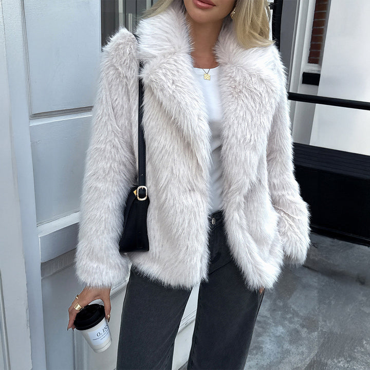 Damen nan kurzer Faux‑Fur Mantel mit voluminösem Schalkragen, Oversize‑Passform und weichen Textur Drune