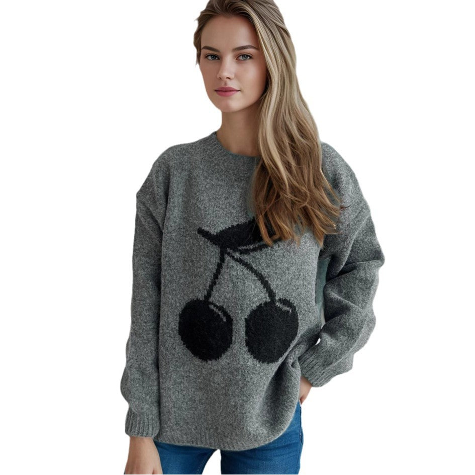 Damen gemütlicher Pullover mit fröhlichem Fruchtmotiv Drune