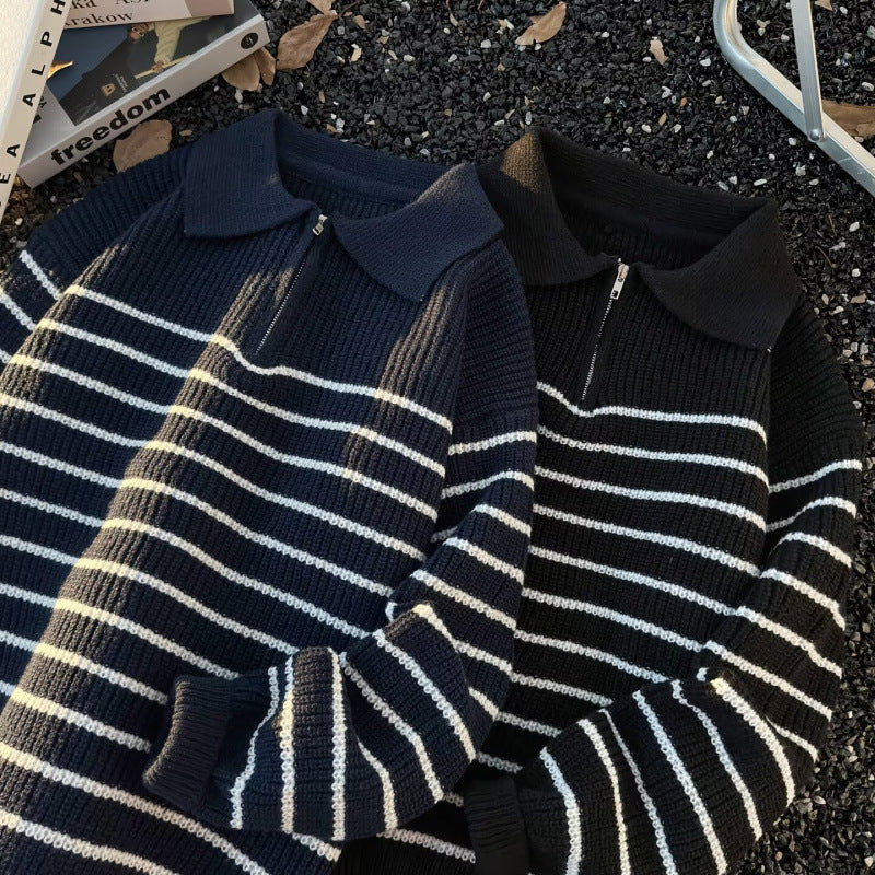 Unisex Grobgestrickter Oversize-Pullover mit halbem Reißverschluss und Polokragen Drune