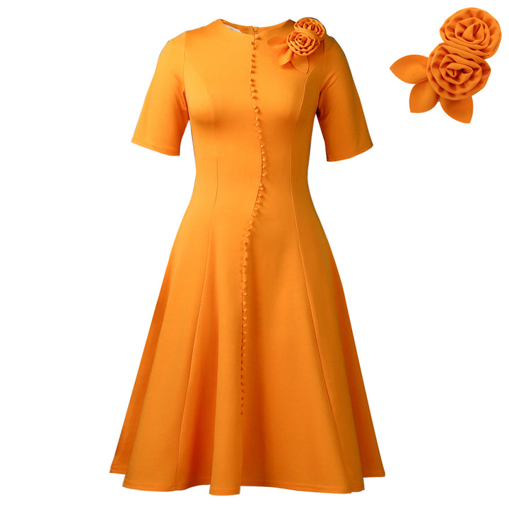 Damen A-Linien Kleid mit eleganten Knopfdetails und floralem Accessoire Drune