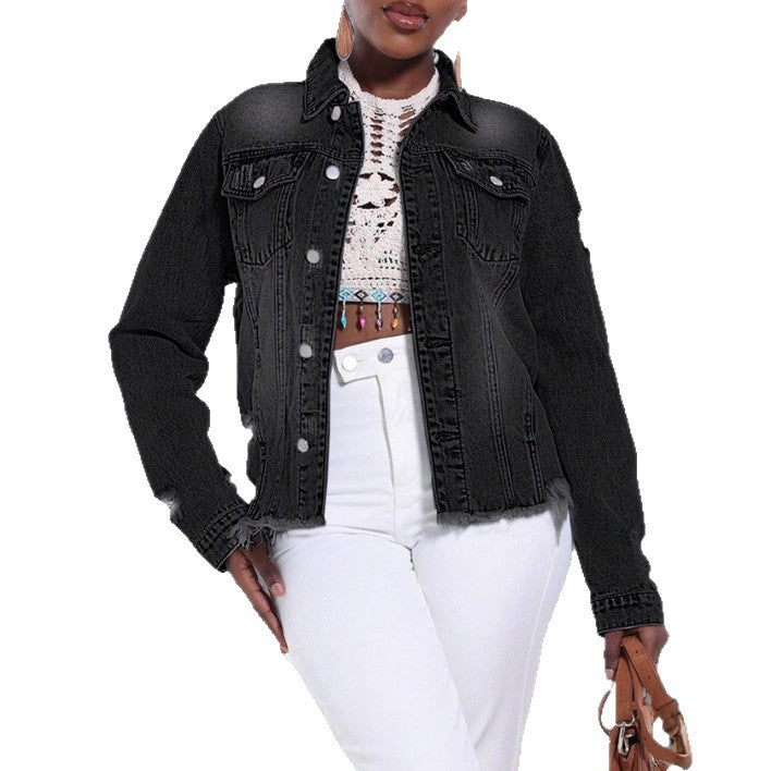 Damen Distressed Denimjacke mit ausgefranstem Saum und Relaxed-Fit Drune