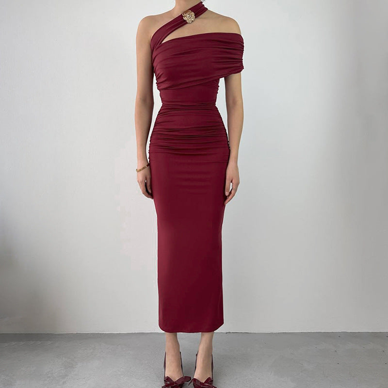 Damen Elegantes Rüschen-Maxikleid mit asymmetrischem Träger Drune