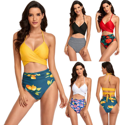 Damen Hochgeschnittener Bikini mit Wickeloberteil und floralen Mustern Drune