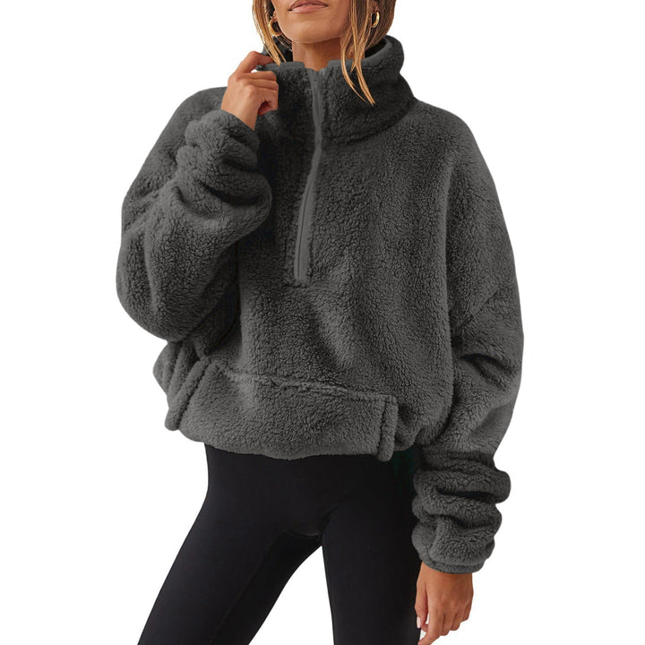 Damen nan Oversize-Halbzip Teddy-Fleecepullover mit Kängurutasche und hohem Stehkragen Drune