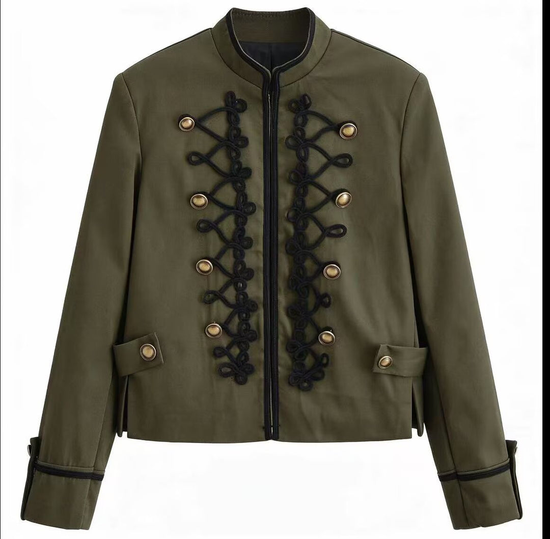 Damen Militärinspirierte Kurzjacke mit Stehkragen, Zierkordeln und Goldknöpfen Drune