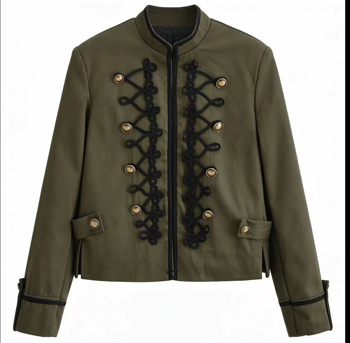 Damen Militärinspirierte Kurzjacke mit Stehkragen, Zierkordeln und Goldknöpfen Drune