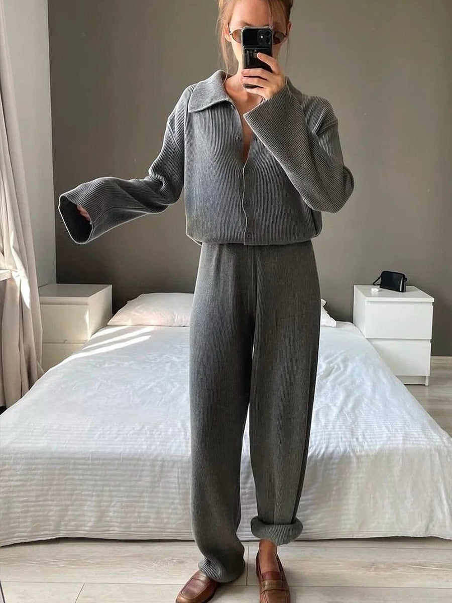 Drune | Einreihige Gerippte Strickjacke und Lockere Hosen Satz