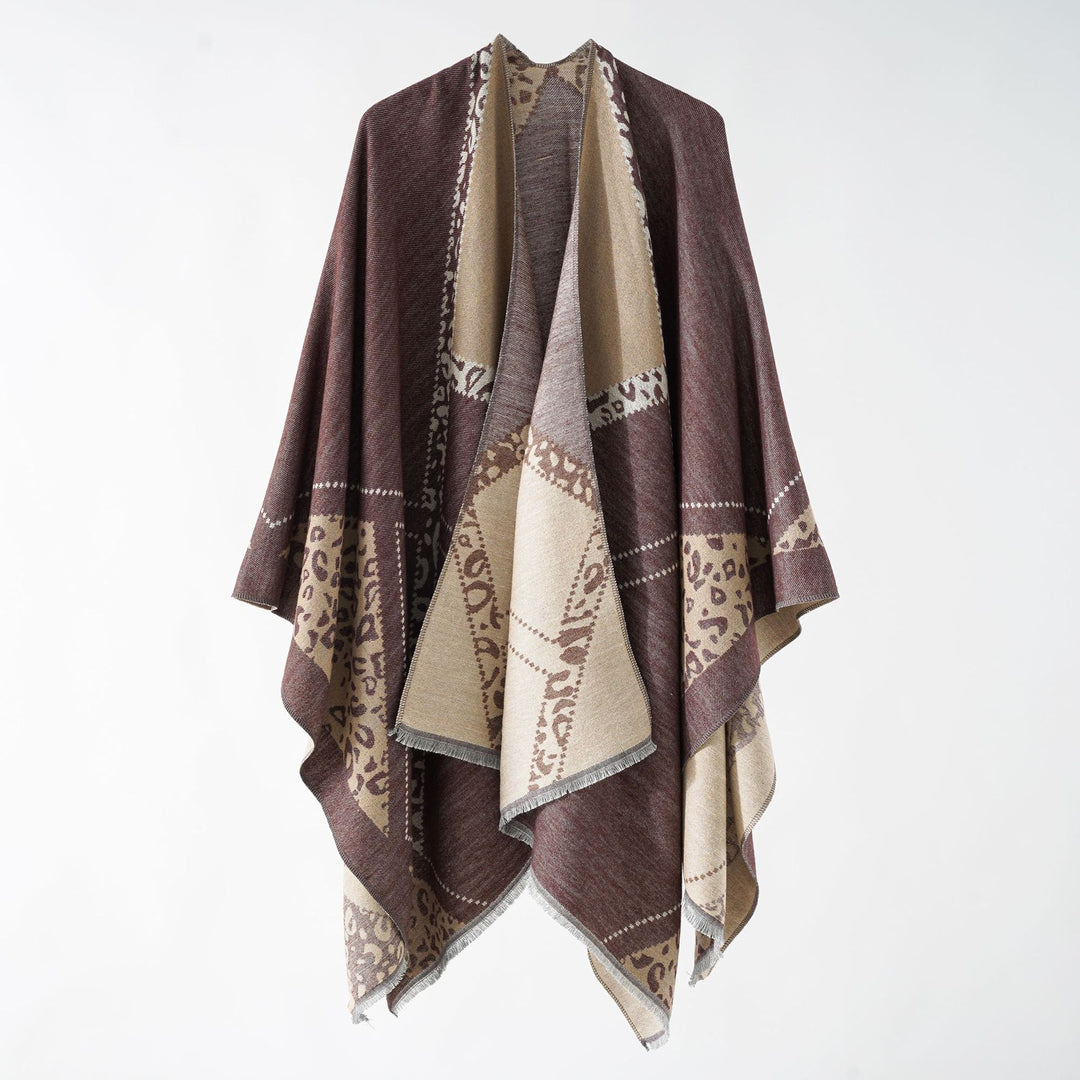 Damen Wendbarer Doubleface-Stola-Poncho aus Wollmix mit feinem Fransenrand Drune