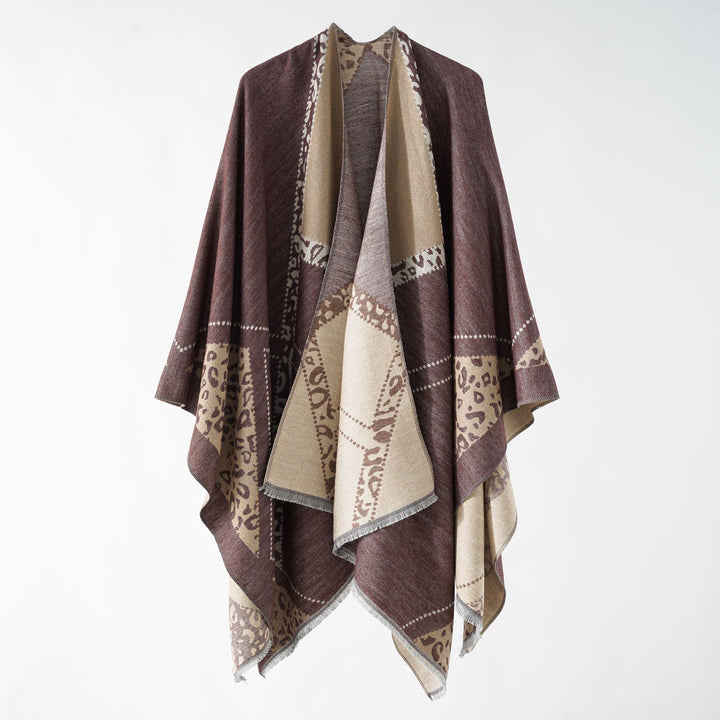 Damen Wendbarer Doubleface-Stola-Poncho aus Wollmix mit feinem Fransenrand Drune